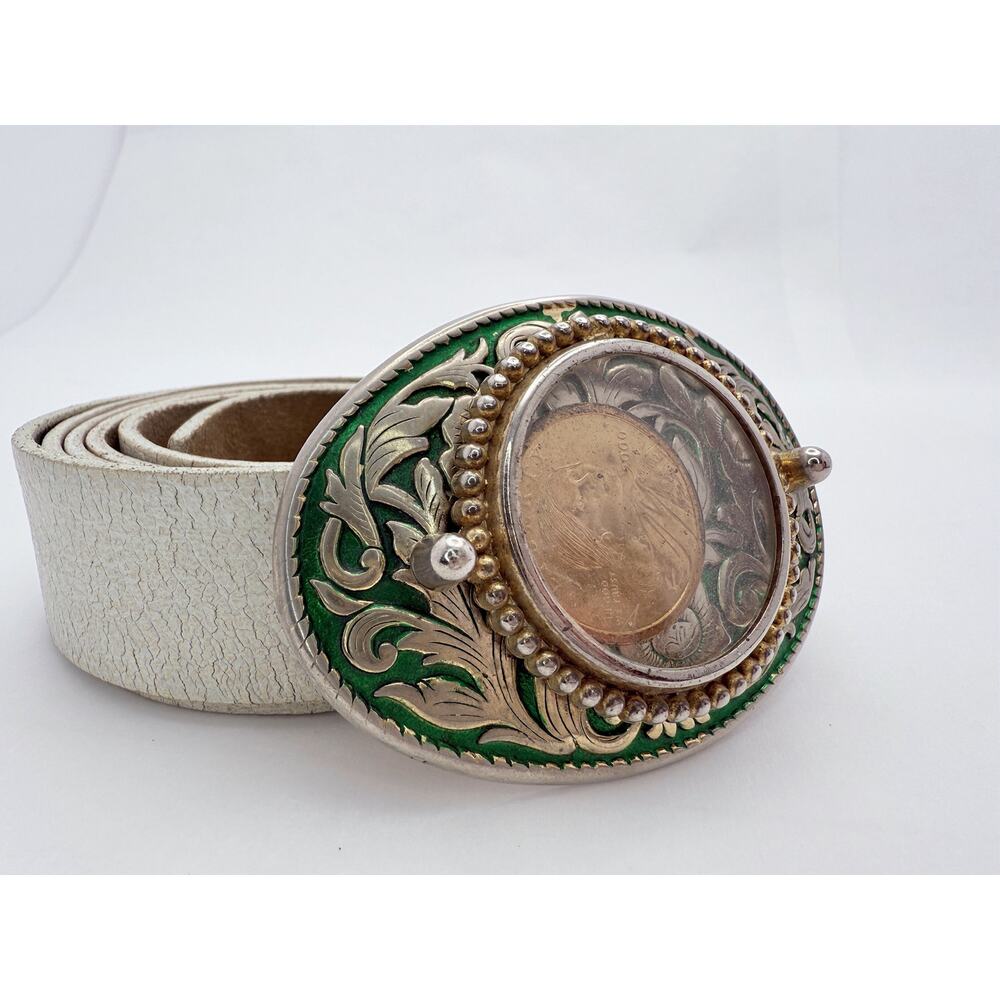 Vintage Leather Belt with Large Western Buckle Featuring Sacagawea Dollar Coin